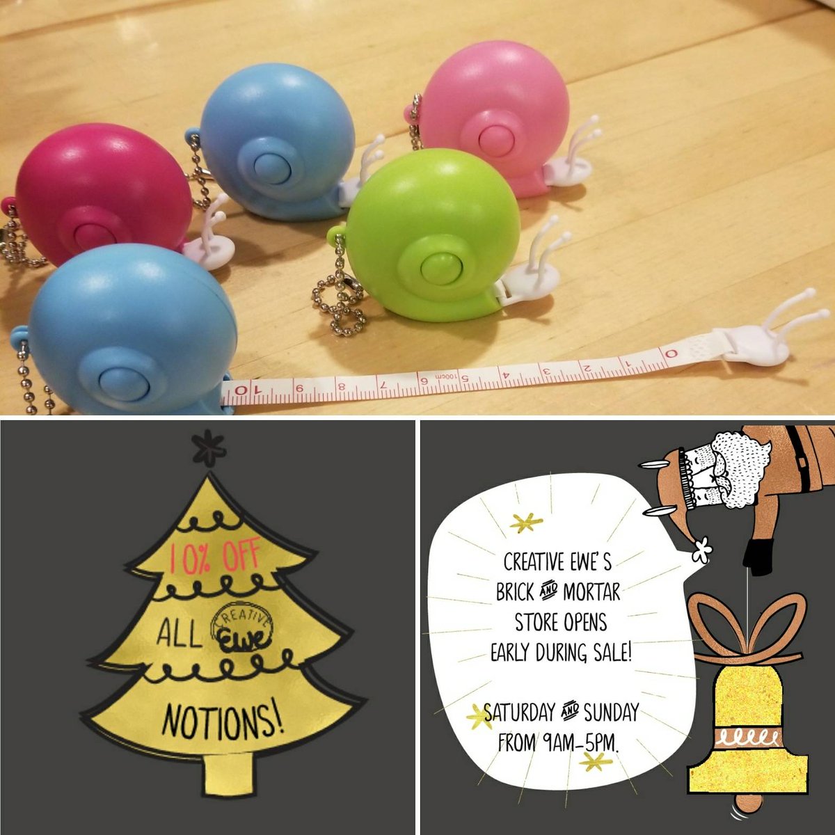 creativeeweCA's tweet photo. Pssst ... the holi-deals continue online and in store w/ 10% off ALL NOTIONS! Aren't these snail measuring tapes just the cutest?

https://t.co/D5P9s7qjY5

#creativeewe #SeasonsBleatings #shopsmall #sale #doorbusters #crafts #cute #creative #crochet #knitting #christmas #hannukah https://t.co/0ikjSN3Net