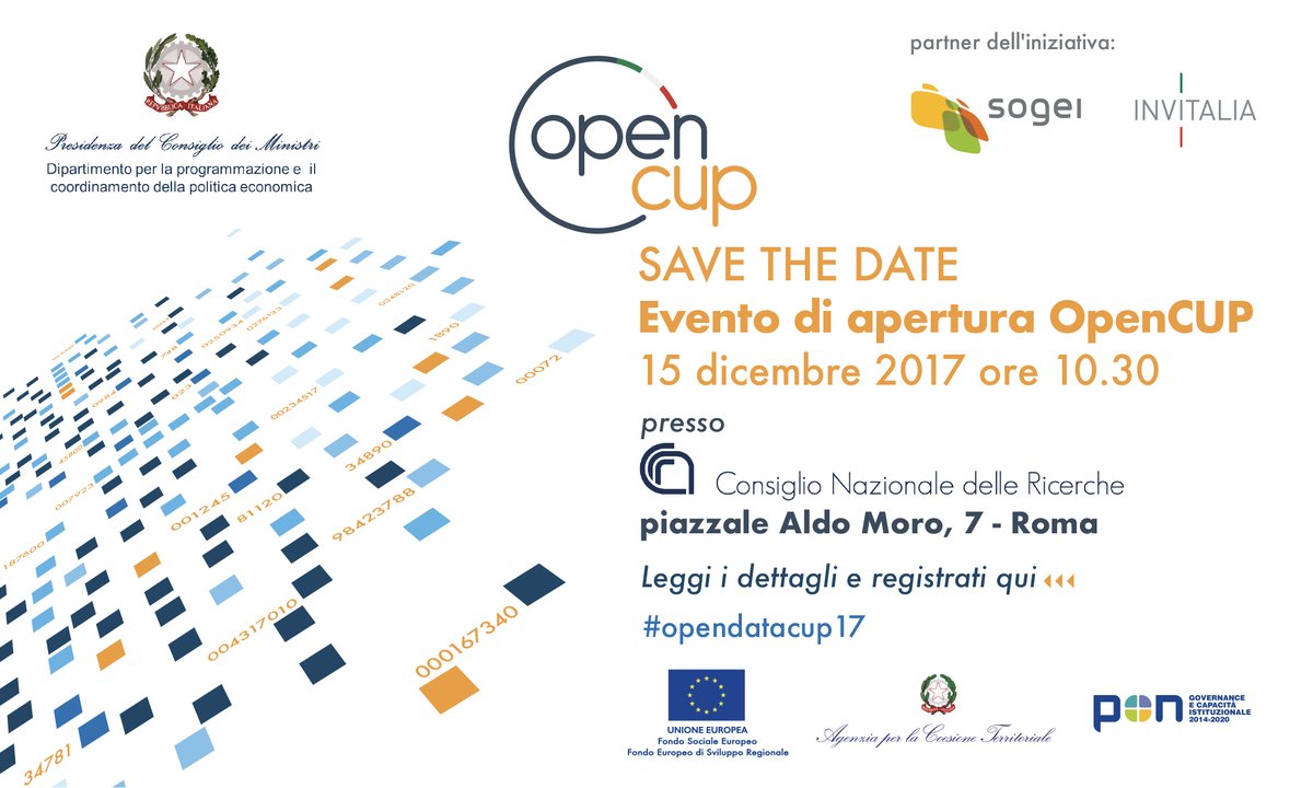 CodiceCUP's tweet photo. Come gli Open Data possono orientare le scelte degli investimenti pubblici ▶️
Il progetto OpenCUP
Ne vuoi sapere di più? Partecipa all'evento di apertura il 15 dicembre a #Roma
https://t.co/1RqjMueZDe
#opendata #OpenGov #datiGov https://t.co/0E4x10C0hM