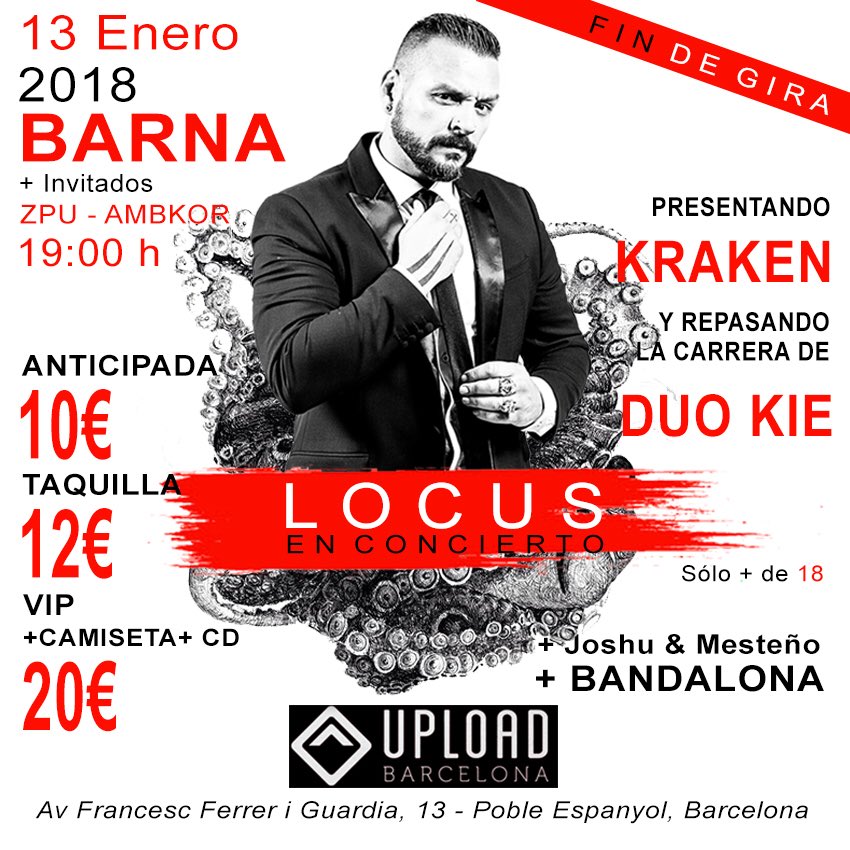 LocusDuoKie's tweet photo. CERRAMOS GIRA KRAKEN!!
13 de enero en la sala @UploadBarcelona de Barcelona
Con mi hermanote @DjYulian1 a los platos 
Colaboraciones en directo de @ZPU y @ambkoroficial 
Anticipada 10€ y VIP (incluye camiseta y CD) por 20€
Entradas en Hip Hop Tickets 
https://t.co/rRSzKfaSNp https://t.co/cgyO8acTTQ