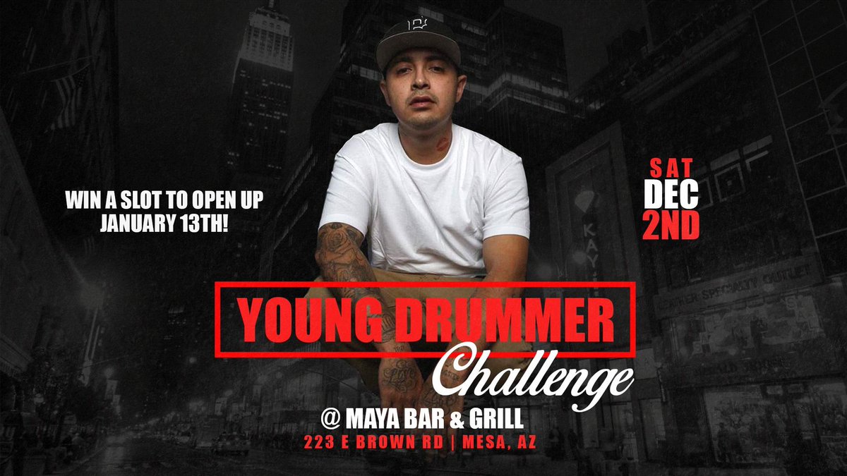 TheGranDezign's tweet photo. Catch TheGranDezign live at Maya Bar &amp; Grill on 12/02/17!!! Starts at 8PM! 223 E. Brown Rd.
Mesa, Arizona 85201 #LoudAZ #Maya #MesaAZ #Pyro #TheGranDezign #TheShamanMC #YoungDrummer https://t.co/ITepSozV10