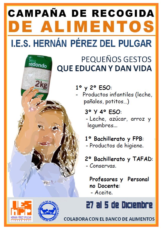 Desde este centro trabajamos la solidaridad y la educación en valores como uno de los pilares fundamentales que queremos inculcar en nuestro alumnado. Os invitamos a participar para sacar a la luz las dificultades que algunas personas tienen para acceder a una alimentación digna.