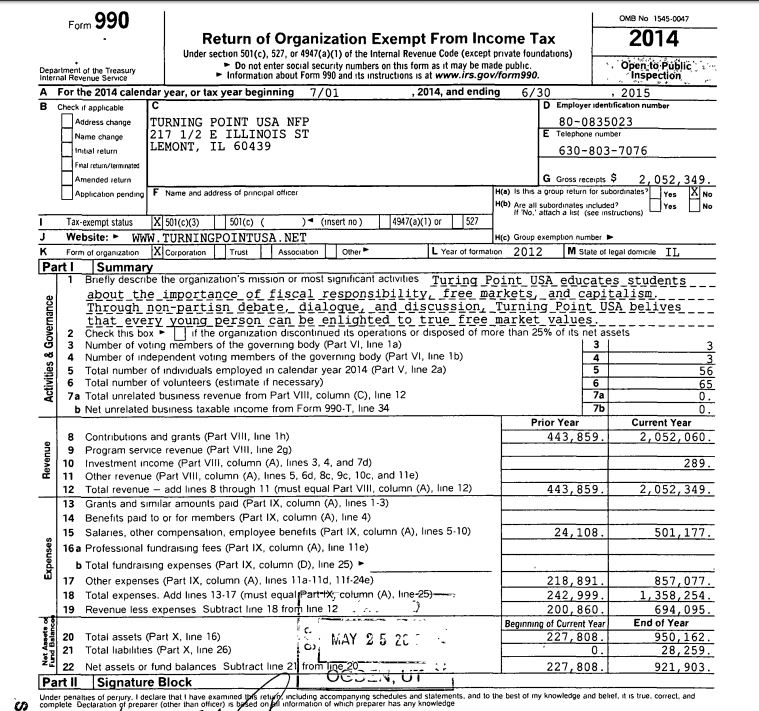 Like so many other RW orgs in '15, Turning Point USA experienced a big jump in contributions, going from $78k to $444k to $2m in '15.