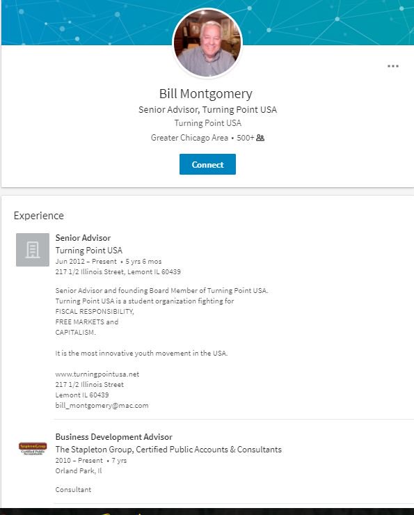 William "Bill" Montgomery, the Lemont IL bizman who convinced Charlie Kirk to drop out of school & go into politics, is  @TPUSA 's treasurer & his firm, The Stapleton Group, prepares TP USA's 990s.