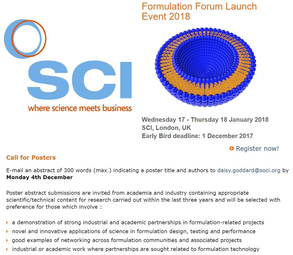 SCIFormulation's tweet photo. Poster call for our #Fomulation launch event in January
More info: https://t.co/kfclHKZccA @SCIFormulation @SCIupdate https://t.co/0Vg3HvYzn7