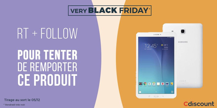 Cdiscount's tweet photo. 🎁 #Concours 

🔸  Samsung #GalaxyTabE à gagner > https://t.co/xCh12vplR4

✅ Pour participer : 
RT + Follow @Cdiscount 

#BlackFriday https://t.co/q3Uda8BRRJ
