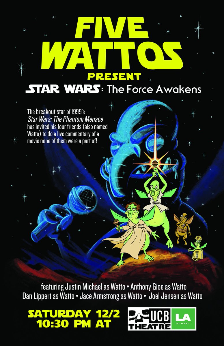heyjustin's tweet photo. Come see Watto, the breakout star of #ThePhantomMenace, and his 4 friends (also named Watto) do a live commentary of #StarWars #TheForceAwakens on Saturday 12/2 at UCB Sunset in anticipation of #TheLastJedi! Tickets: https://t.co/J6TkXYWNvW https://t.co/tYDtKk3918