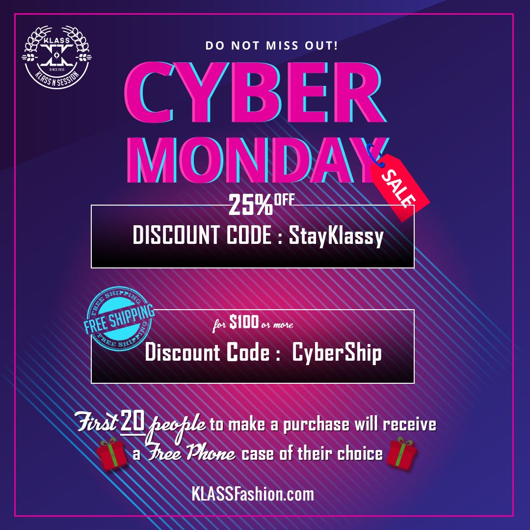 KlassFashion's tweet photo. CYBER MONDAY SALE Starts at Midnight! FREE Phone Cases for the First 20 Customers! 25% OFF & if you spend $100 or more you receive FREE Shipping! Just Click the Link in the Bio!! #KLASS #KlassFashion #CyberMonday #SALE #Free #PhoneCase #25PercentOff #FreeShipping #FreePhoneCase https://t.co/pXETG5BWfX