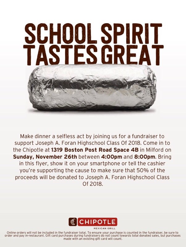 Don’t want Thanksgiving leftovers for dinner? Go to Chipotle between 4 and 8 p.m and show this flyer in order to donate 50% of the proceeds towards our class funds!!! 🌯🌮🍽💯