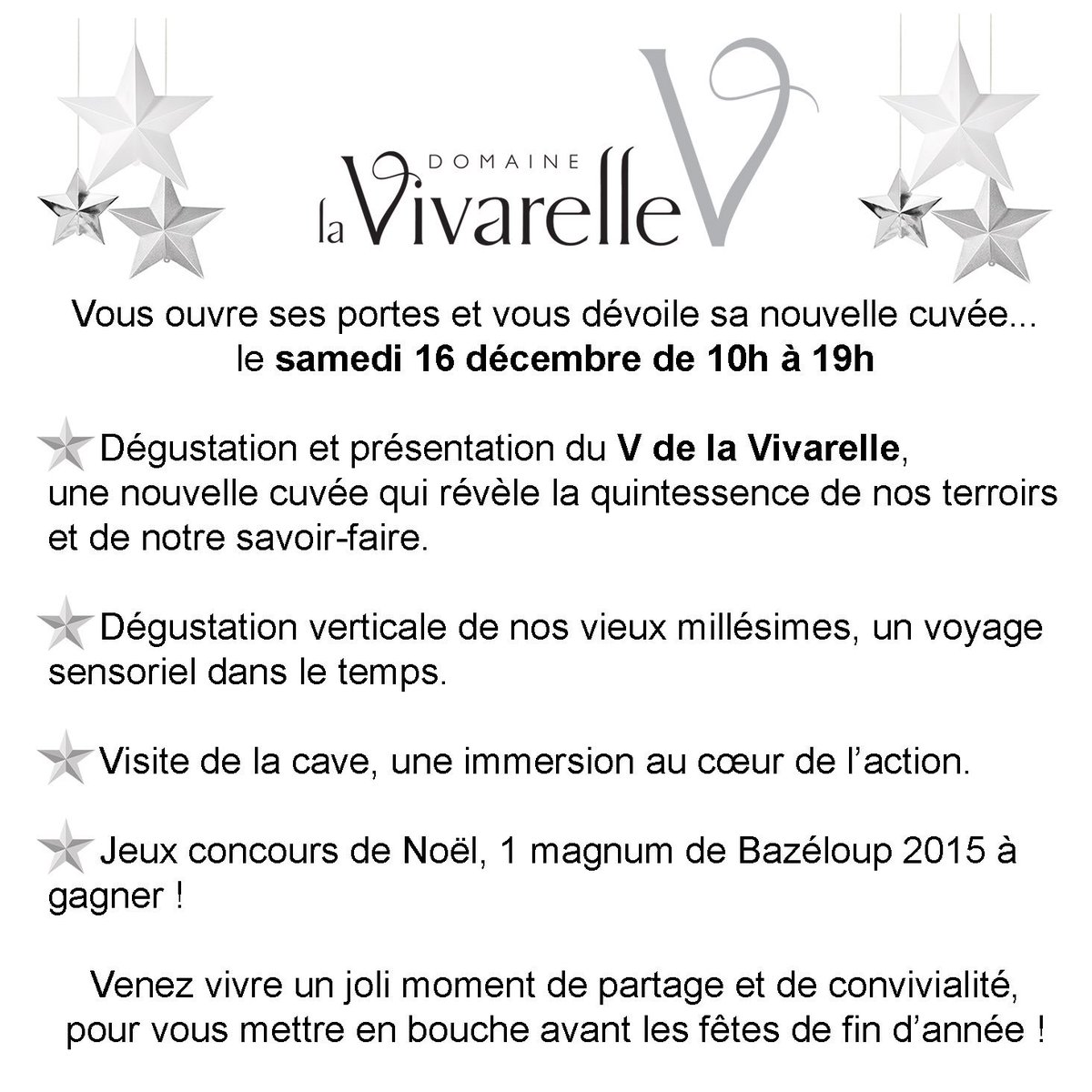 LaVivarelle's tweet photo. La 1ère journée portes ouvertes à la Vivarelle, ça se fête 🎉 RDV le samedi 16 décembre 🍷 #Winelover ❤️ https://t.co/xUcbf8MkXJ