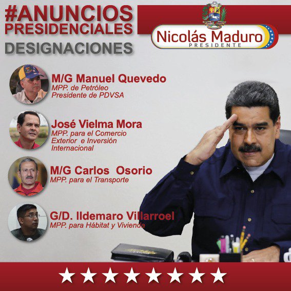 NicolasMaduro's tweet image. Para el fortalecimiento del Gobierno Bolivariano y avanzar hacia la máxima eficiencia en la gestión institucional, he designado nuevos ministros del Ejecutivo Nacional en las carteras de Petróleo, Vivienda, Transporte y Comercio Exterior
