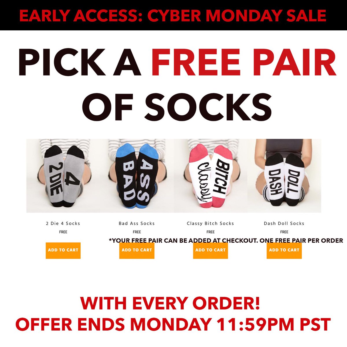 Pick a FREE pair of socks with every order! Early access to our #CyberMonday sale starts now at ShopArthurGeorge.com ‼️‼️ Plus get 20% off your order. Ends 11:59pm tomorrow! #cybermonday #freesocks #cybermondaydeals 🎁🎁