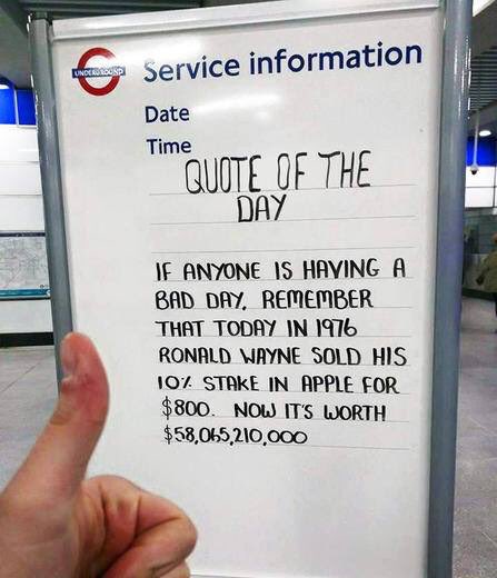 If anyone is having a bad day remember that today in 1976 Ronald Wayne sold his 10% stake in Apple for $800.  Now it’s worth $58,065,210,000.