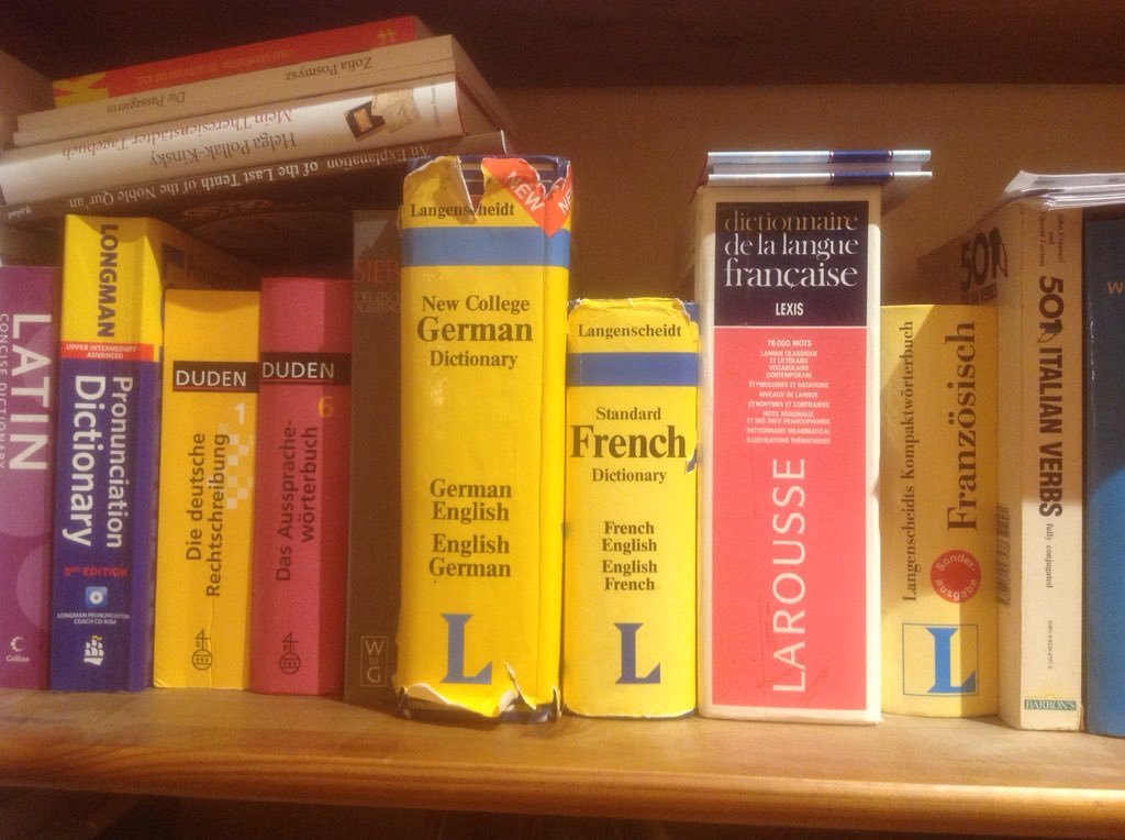 DictionPolice's tweet photo. @annaeileenmusic @Schmopera We don't use the Cassell for any of the languages. Of the other dictionaries, Langenscheidt has a good basic translation dictionary, Collins has a good app dictionary for most languages, and I adore my Larousse French dictionary for crazy words I can't find anywhere else! https://t.co/32wXDYCmWT