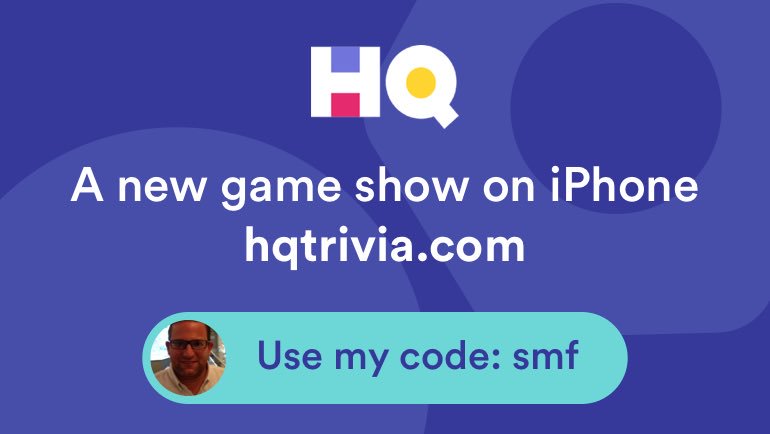 I’m playing a game called <a href="/hqtrivia/">HQ Trivia</a>. You should play too. Use my code ‘smf’ to sign up get.hqtrivia.com
