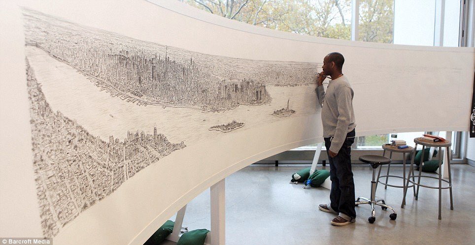 Autistic artist, Stephen Wiltshire, draws 18 foot long picture of New York, from memory, after taking a 20 minute helicopter ride over the city.