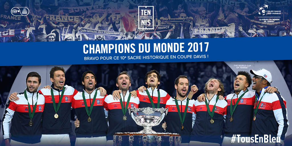 FFTennis's tweet photo. Champions du monde ! L'Equipe de France remporte sa 10ème Coupe Davis ! Bravo les Bleus ! #TousEnBleu #FRABEL https://t.co/RWG2mMYMQ5