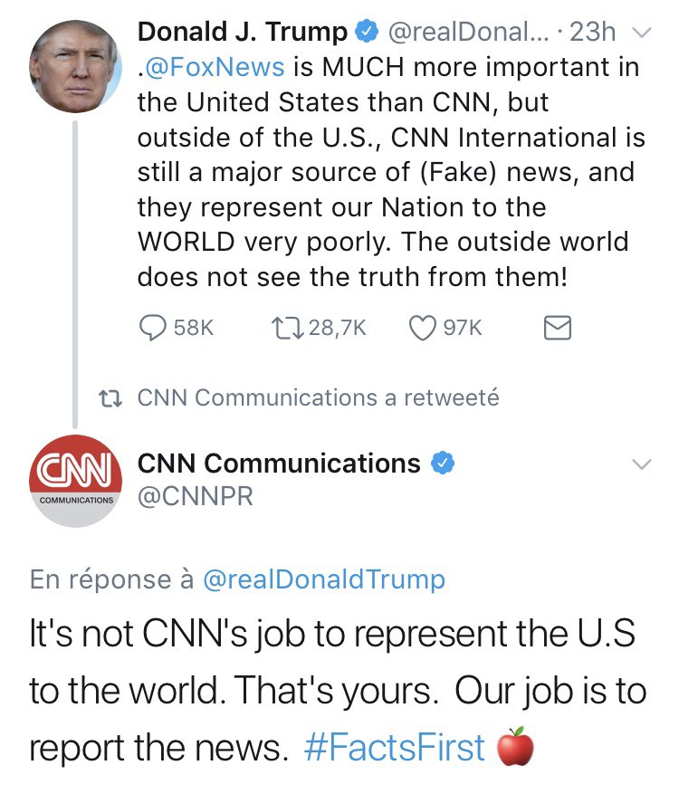 Bravo à <a href="/CNN/">CNN</a> pour cette excellente réponse au président américain... PCQ souvent, le président semble oublier que les médias ne sont pas là pour le servir... La réplique cinglante de CNN à Donald Trump. ebx.sh/2zGHszu