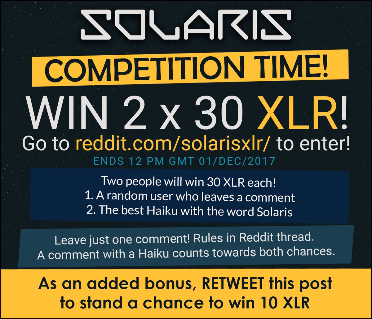 TheOneSaf's tweet photo. COMPETITION TIME! Go to https://t.co/YLMCPJXOoo, for a chance to win 2 x 30 #XLR! @SolarisCoin is a sleeping giant, spread the word! #zerocoin implementation soon!

For a bonus, RETWEET this for a chance to win 10 XLR. All winners will be announced after 12pm GMT, 01/Dec. https://t.co/2xxZuqIxy0