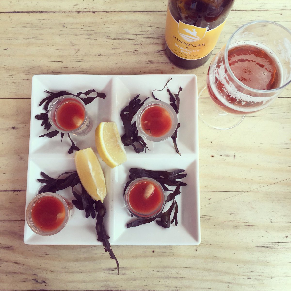 This is Irish food: Bloody Mary oysters and a glass of <a href="/KinnegarBrewing/">Kinnegar Brewing</a> IPA at <a href="/KingSitric/">King Sitric</a> at Howth 🙌