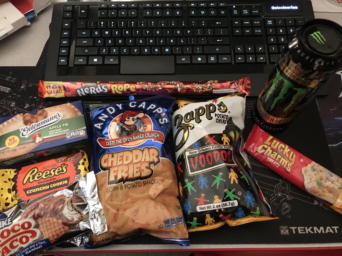 Thornbrow's tweet photo. Part of the reason I was up so late last night (this morning): I ate all of THIS on-stream: https://t.co/Q9fbPgxlsh. Because SATURDAY NIGHT! #NerdsRope #VoodooChips #Ubermonster #Reeses #ChocoTaco #LuckyCharms #AndyCapCheddarFries https://t.co/QOvnP8w7oq