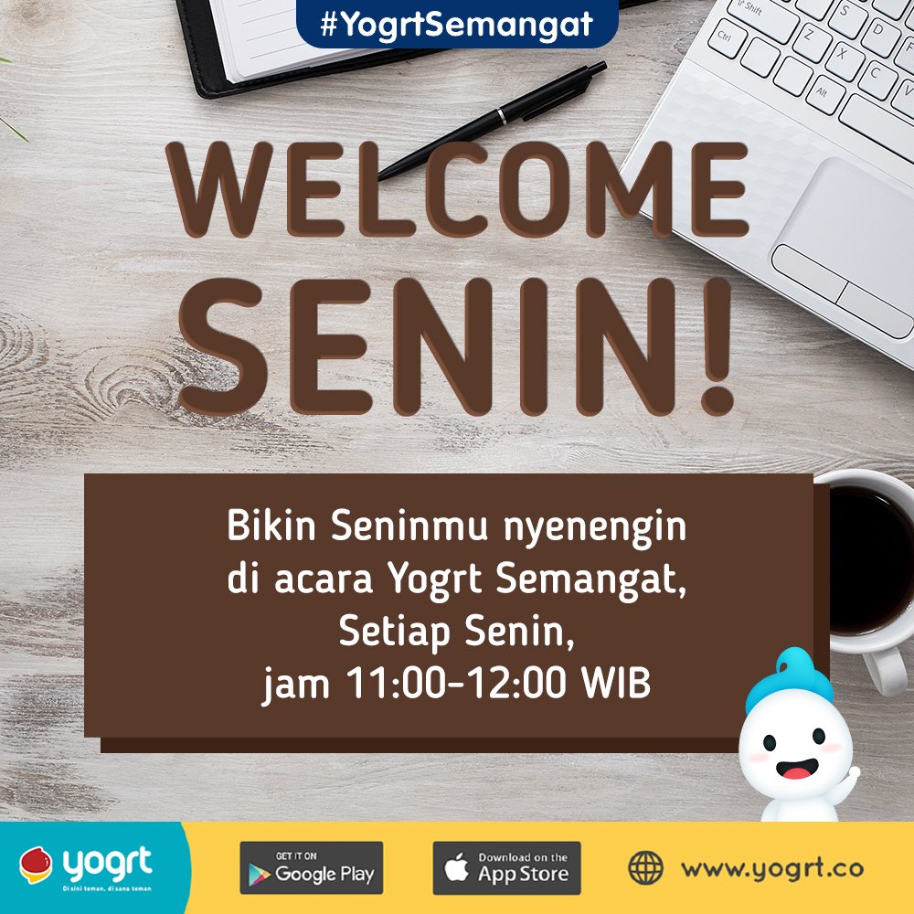 YogrtID's tweet photo. Mau harimu penuh semangat dan motivasi? Kamu wajib nongkrong nih di room Yobby siang ini :D
#yogrt #yogrtid #yogrtapp #disinitemandisanateman #seninsemangat #monday #morninginspiration #MondayMorning https://t.co/PK7h7JXeyw