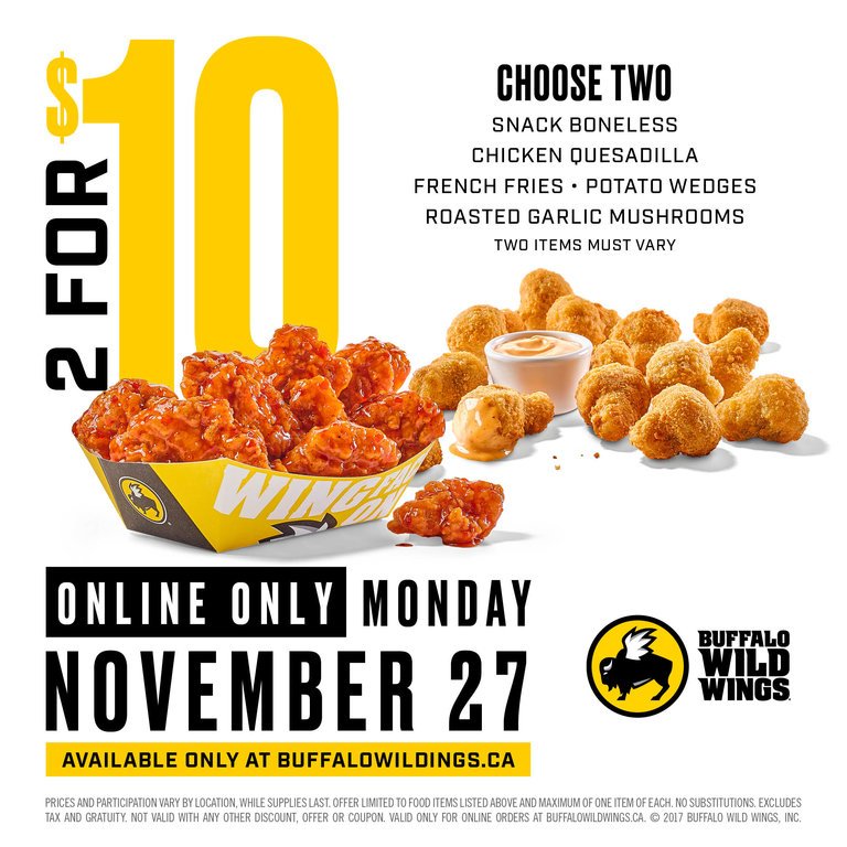 Buffalo Wild Wings på "What's one more click on #CyberMonday? Order 2 for $10 B-Dubs Blitz, only online 11/27. Get the details here: https://t.co/M6knrFmykT https://t.co/qaSxkk8YP2" Twitter