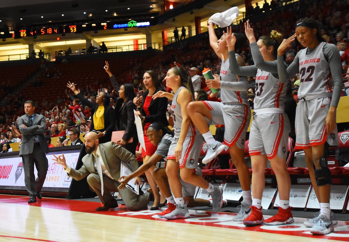 UNMLoboWBB's tweet photo. We all celebrate the 3-ball a little different ... and we had a school-record 18 tries at celebrations today! #GoLobos #Low3 #High3 #OneKnee3 #TowelWave #3ToTheHead #Stoic #PumpFist https://t.co/GdMNffKaI8