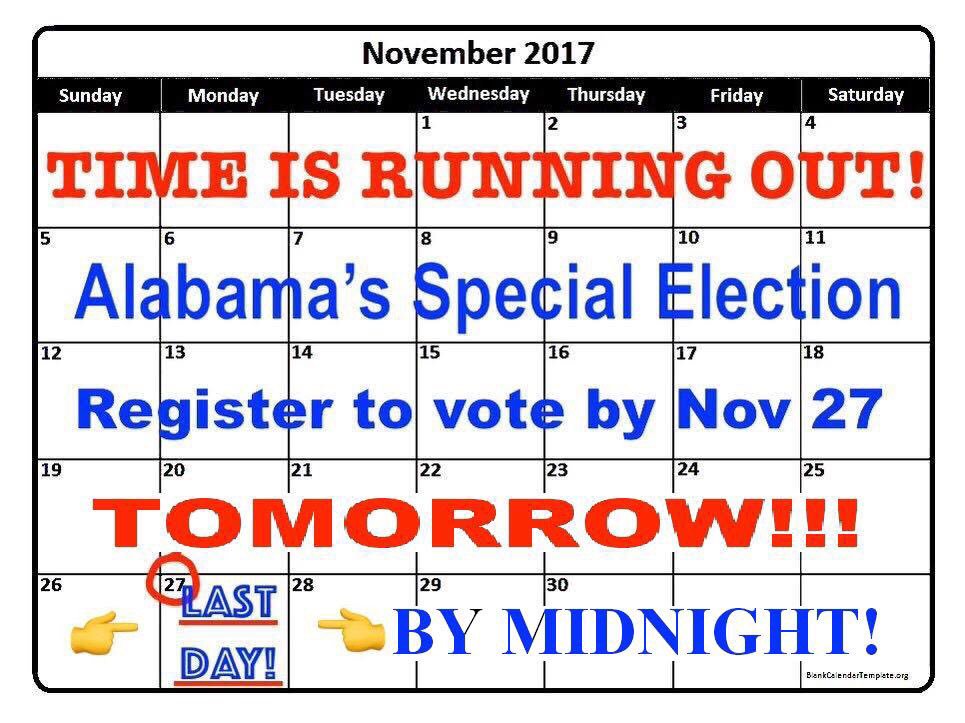 SallyDeal4's tweet photo. @GDouglasJones @DearAuntCrabby @COPicard2017 @bannerite @EzraBridger2017 @TheSWPrincess @SpockResists @CaptJaneway2017 @BryanDawsonUSA @PinkRavenRoth @Alyssa_Milano @DebraMessing @PattyArquette @BlueRainfyre @ManMet80 @KudzuFrannie @rebellegrrl @MollyResists @DrNat01 🎉#FBR4Doug like there's no tomorrow; last call for alcohol🍷🍺 
I mean LAST CALL to #Register4Doug. 
Folks can use mobile app (Vote for Alabama) to register up until 11:59:59pm tomorrow, 11-27, w/ a valid #Alabama driver's license.
More info> https://t.co/CJzftulJfg 
#Vote4Doug https://t.co/7EI9aoWRc8