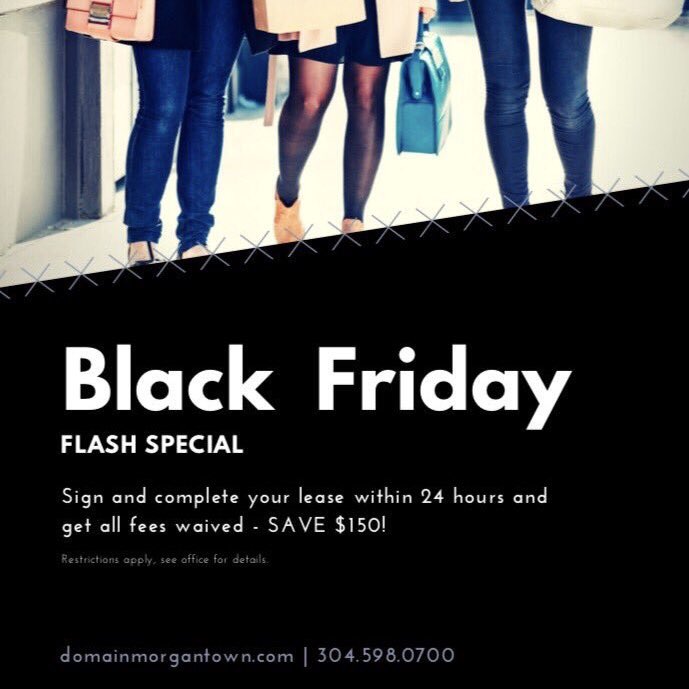 DomainTC's tweet photo. Have you taken advantage of our Black Friday specials? Signing fees are waived for new residents until tomorrow! Tag your friends π #DomainTC https://t.co/wKOzEVDuch