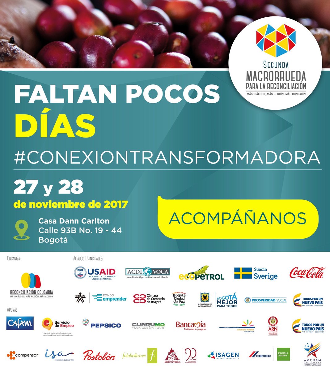 ARNColombia's tweet photo. Llegó el momento. Este 27 y 28 de noviembre transformaremos a Colombia con acciones concretas en la #MacroR @ReconciliaCol
#ConexiónTransformadora https://t.co/8wa4ZACYYd