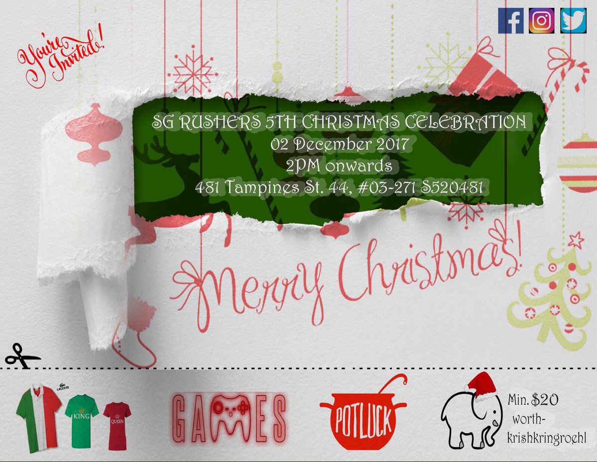 kimagenta's tweet photo. Hello SG Rushers! You’re all invited to the the #SGRushers Classic Christmas Party on Dec 2 at Tampines, 2PM onwards! Check out our poster or the SG rushers fb page for more details. See u there in your best red or green outfit!
@ricaggg @chicogarcia @ginoboi tnx!
#RxGreets https://t.co/0BlnIQnHgo
