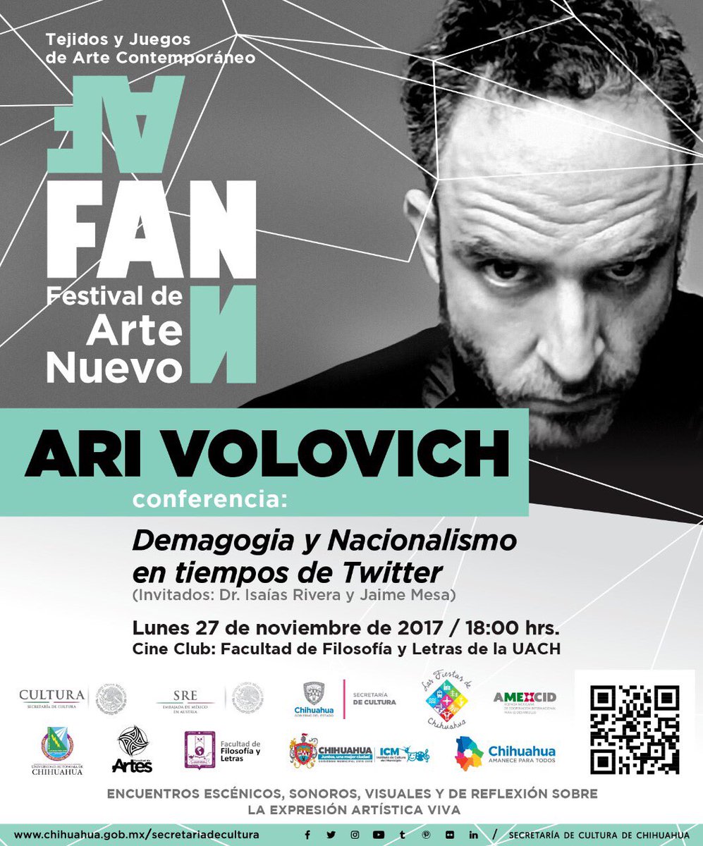 cultura_chihmx's tweet photo. El Festival de Arte Nuevo #FAN2017 presenta a #AriVolovich  con la conferencia “Demagogia y Nacionalismo en Tiempos de Twitter” este lunes 27 de noviembre a las 18:00 horas en el Cine Club de la Facultad de Filosofía y Letras. #EntradaLibre https://t.co/Bfo0OSXEW3