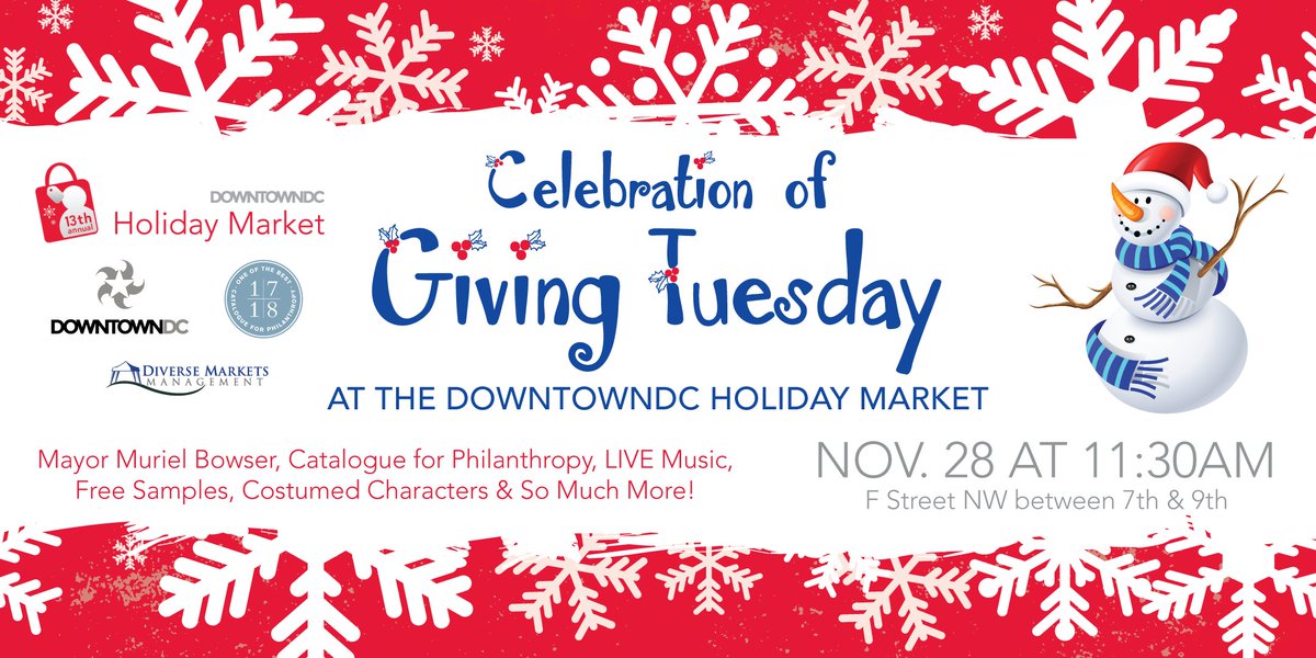 DowntownDCBID's tweet image. Join us as we celebrate #GivingTuesday with @MayorBowser &amp;amp; @cataloguedc Nov. 28th at the #DowntownDC Holiday Market! 11:30am! #celebration #giveback #holidays