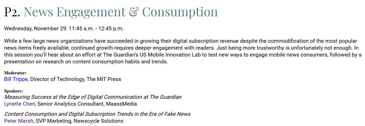 pgm's tweet photo. Coming to @GilbaneBoston this week? Don't miss our Wednesday session on News Consumption and Engagement, featuring @huirastic from @maassmetrics and me (@pgm) from @NEWSCYCLE_News, moderated by the one-and-only @billtrippe. https://t.co/l5fs52poNE