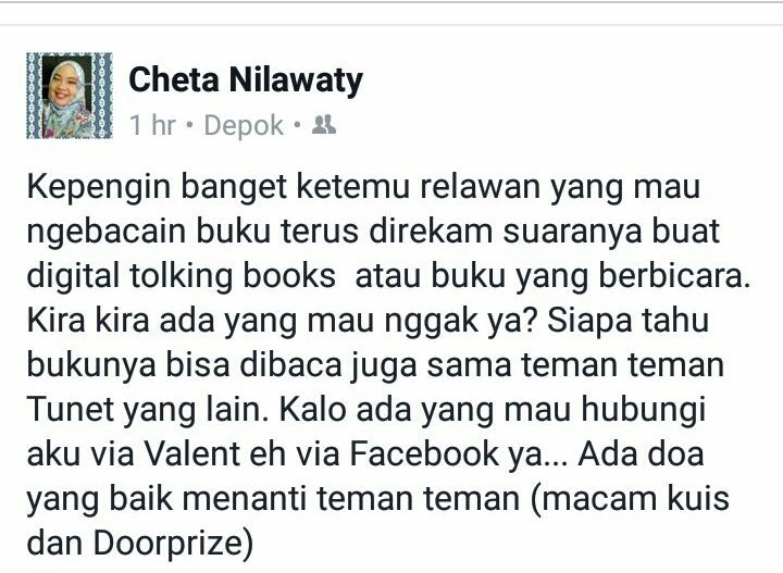 ardibhironx's tweet photo. Gaeeeess.. Yok keroyokan bantuin mbak Cheta Nilawaty yok!

FYI, mbak Cheta Nilawaty ini juga tunanetra. Baru saja jadi tunanetra pertengahan 2017. Dia menulis di Indonesiana (blog Tempo), nulis status facebook, pesen go-car/uber/grabcar dgn bantuan hp dan laptop bicara. https://t.co/DvYKUFaOgX
