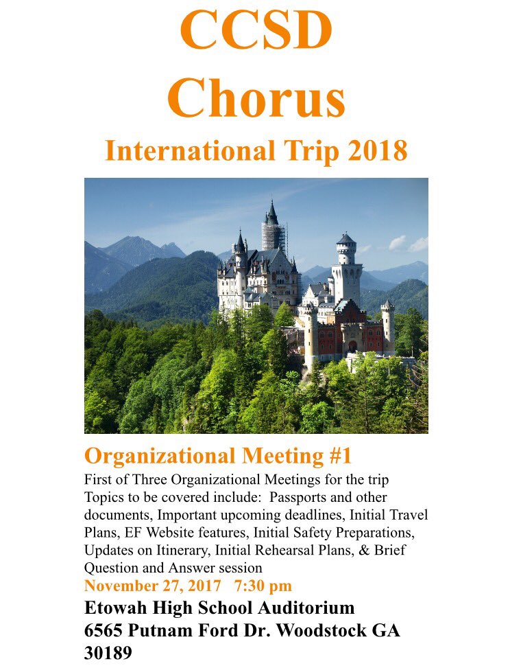 Students attending the CCSD Chorus International trip this summer, don't forget about the meeting tomorrow evening at 7:30 @WoodstockChorus @RealSHSChorus