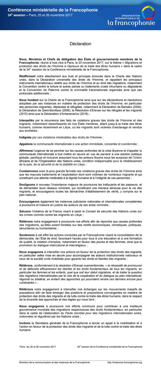 DiplomatieTogo's tweet photo. #CMF2017 : Déclaration de la 34e Conférence Ministérielle de la Francophonie sur le thème « Migrations et protection des droits de l’Homme à l’épreuve de la traite des êtres humains », à #Paris, 25 et 26 #novembre2017 @rdussey @OIFfrancophonie #DiplomatieTogolaise https://t.co/Q3BBiUEogK