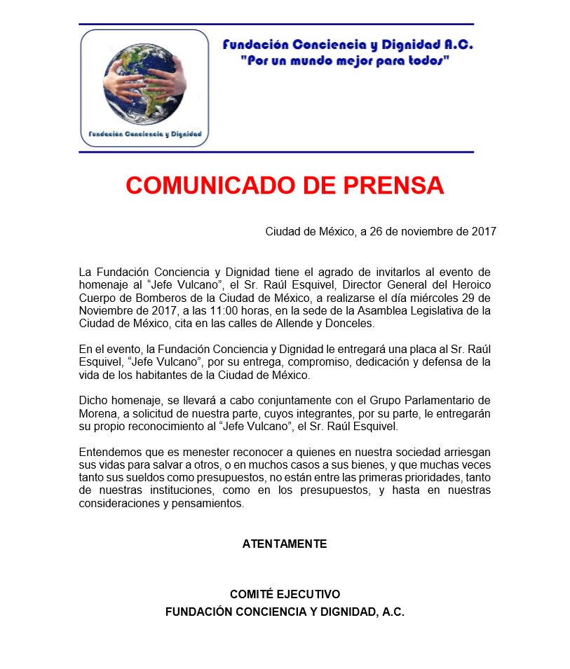 A los medios de comunicación y al Público en General, Invitación para el  evento de Homenaje al Jefe Vulcano en la ALDF (Donceles y Allende, Col.  Centro), este miércoles 29 de noviembre de 2017 a las 11:00 horas <a href="/Raul_Esquivel_C/">Jefe Vulcano Raúl Esquivel C.</a>