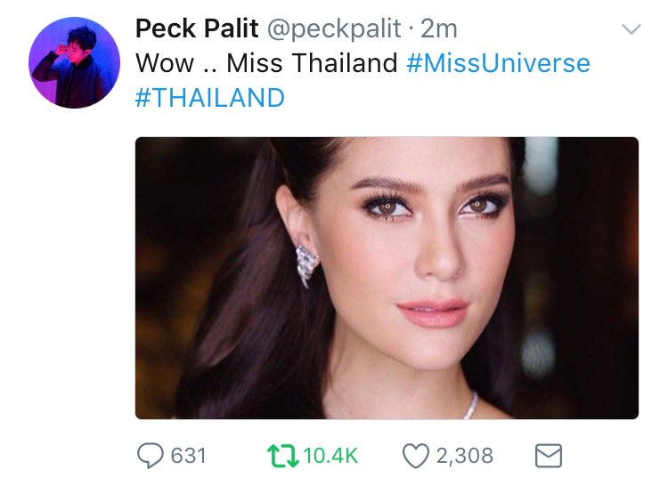 7o2sLibrary's tweet photo. @peckpalit 2 mins 10k+ Retweets 
#MissUniverse #THAILAND https://t.co/clP4NLfdnK