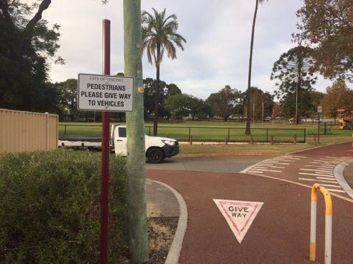 bikewalkperth's tweet photo. @DarrenDavis10 And ours in Perth. People using shared path that connects two parks must give way to vehicles using a back laneway. #citiesforcars #cityofvincent https://t.co/yXNvCnwhua