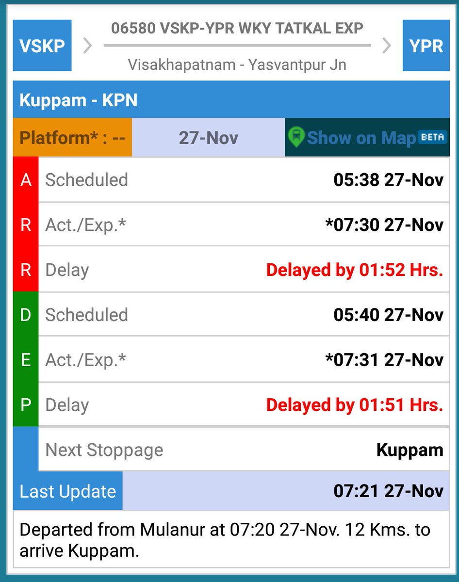 MT_B747's tweet photo. @RailMinIndia @SWRRLY @PiyushGoyal sir why do you delay this train 06580 everytime by almost 2 hours while reaching #Bangalore. Take some action on its punctuality. #Train06580 #Delay #LateRunning #IndianRailways https://t.co/X5BVVfKvzA