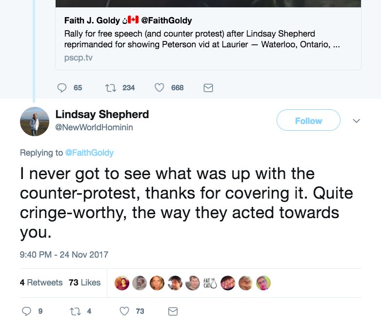 Lindsay Shepherd replying to Faith Goldy's Periscope on Nov. 24th: "I never got to see what was up with the counter-protest, thanks for covering it. Quite cringe-worthy, the way they acted towards you."