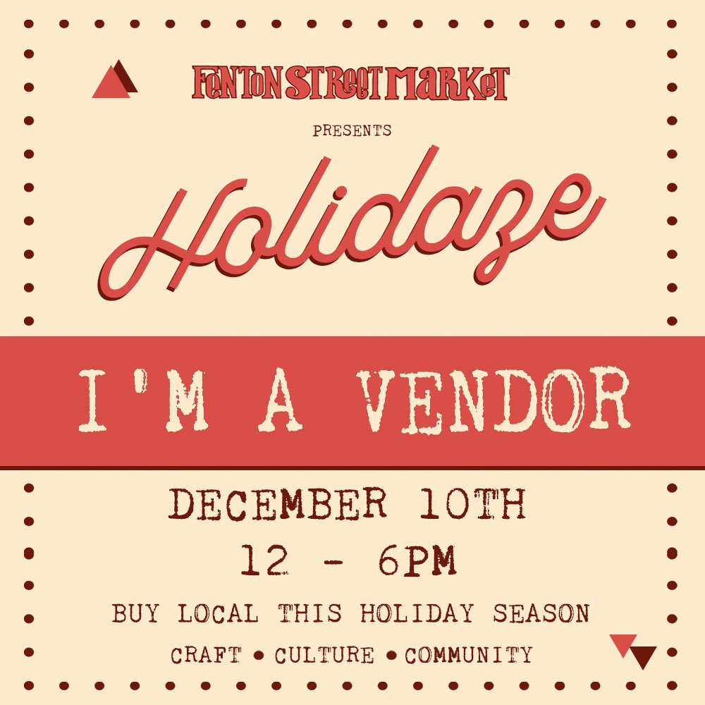 I'M A VENDOR at <a href="/FentonStMarket/">Fenton Street Market</a> #HOLIDAZE Sun, Dec 10, 12-6pm. Please support me &amp; other wonderful local craft vendors selling handmade gifts. Ellsworth Dr between Fenton St and Georgia Ave, in the <3 of DTSS.  Spread the word! #FentonFinds #DTSilverSpring #HOLIDAZE