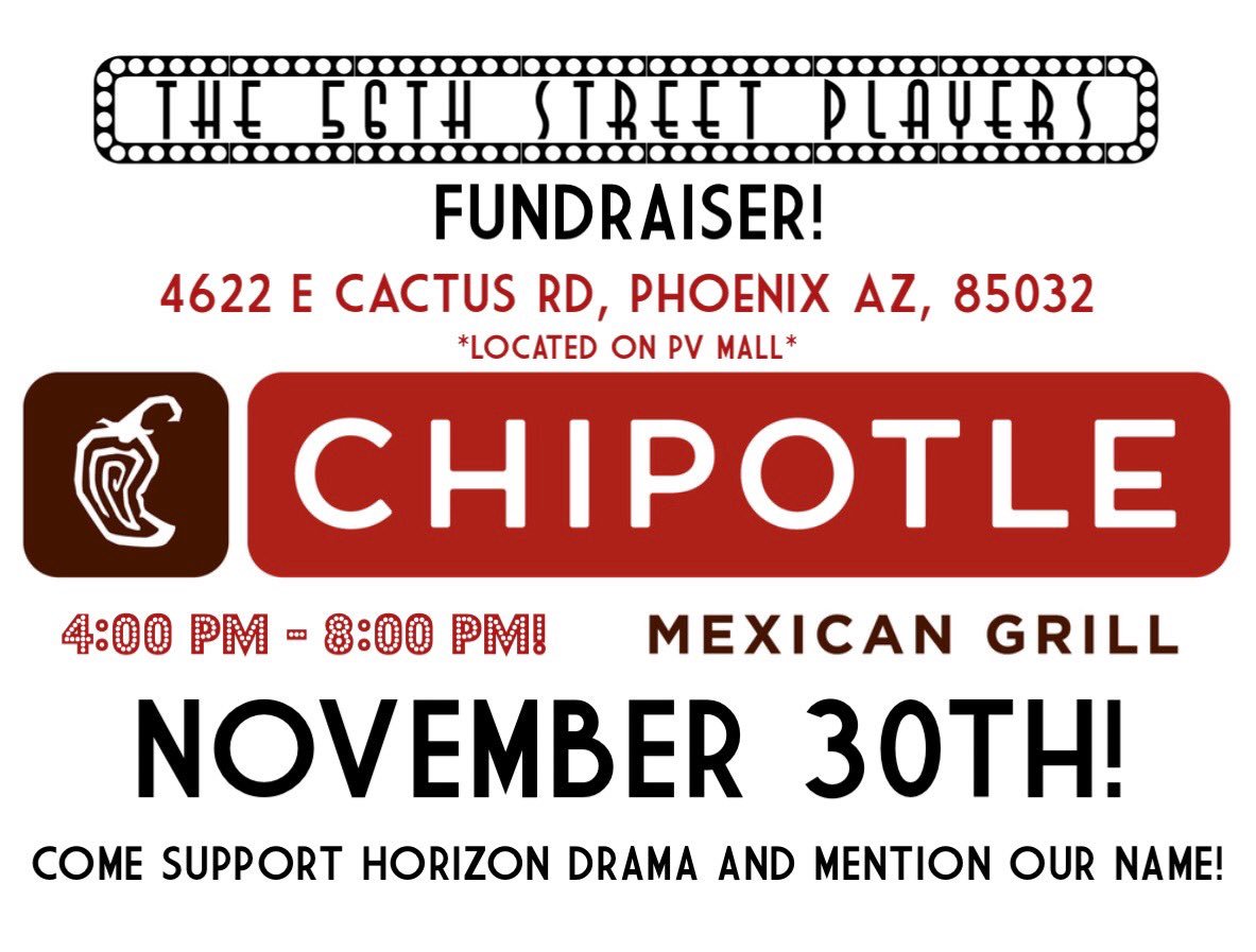 56thStPlayers's tweet photo. Come To The Chipotle Fundraiser Happening THIS THURSDAY, November 30th, From 4-8 PM! https://t.co/9OPvKFF3Wf