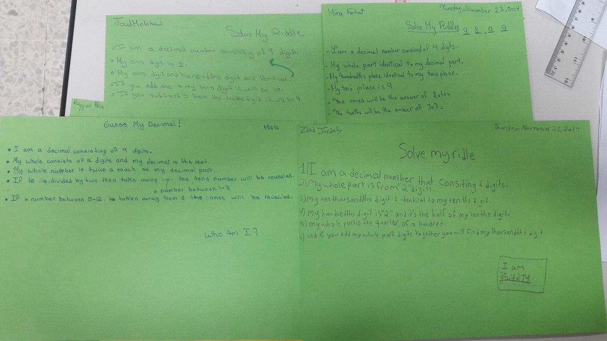 TawilNoor's tweet photo. 5th graders having fun sharing Who am I ? challenging riddles with their friends #decimalnumbers #seasawstrategy @Hhhsinfo @dina_jradi @HenaineSamia https://t.co/QWyDhuZTrR