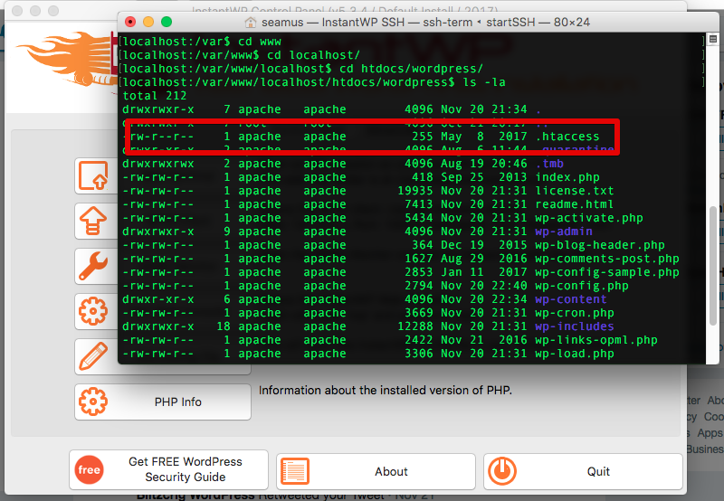 InstantWP's tweet photo. @rmelogli Hello @rmelogli - you should be able to see it, it should be there! See the attached image where I use 'ls -la' via ssh. Try logging in as root/root. In general it should not matter anyway, you only lose permalinks without it. You can always create it again.. https://t.co/6J8WfEZNwo
