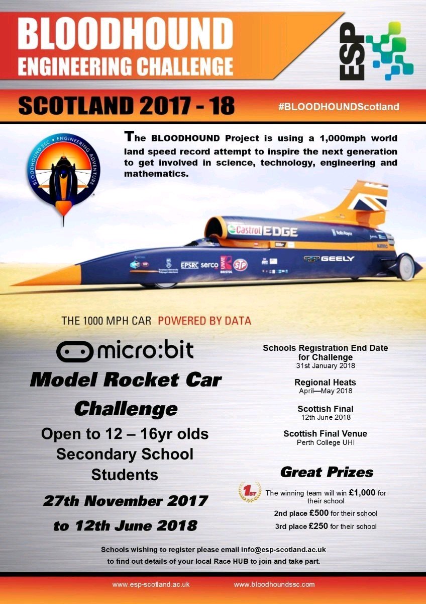 CASScotland's tweet image. The Energy Skills Partnerships Bloodhound Engineering Challenge is now open again to pupils and teachers. How fast can you make your model rocket car go? Register by the end of January to take part.