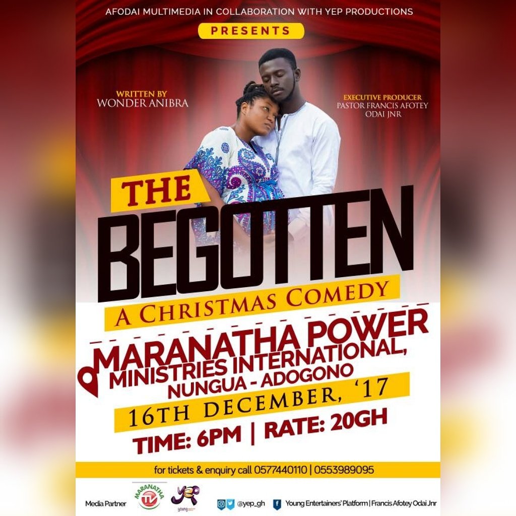 TheatreinGh's tweet photo. The much awaited Christmas Comedy "THE BEGOTTEN" Written by Wonder Anibra comes off on 
🎄Sat 16th December, 2017.
🎄 At Maranatha Power Ministries, Nungua - Addogono
🎄6pm Sharp
🎄For only a cool 20cedis
.
.
#theatreingh #Nativityplay #Christmasplay #yep #Artingh #drama #music https://t.co/8ZQFa09AOe