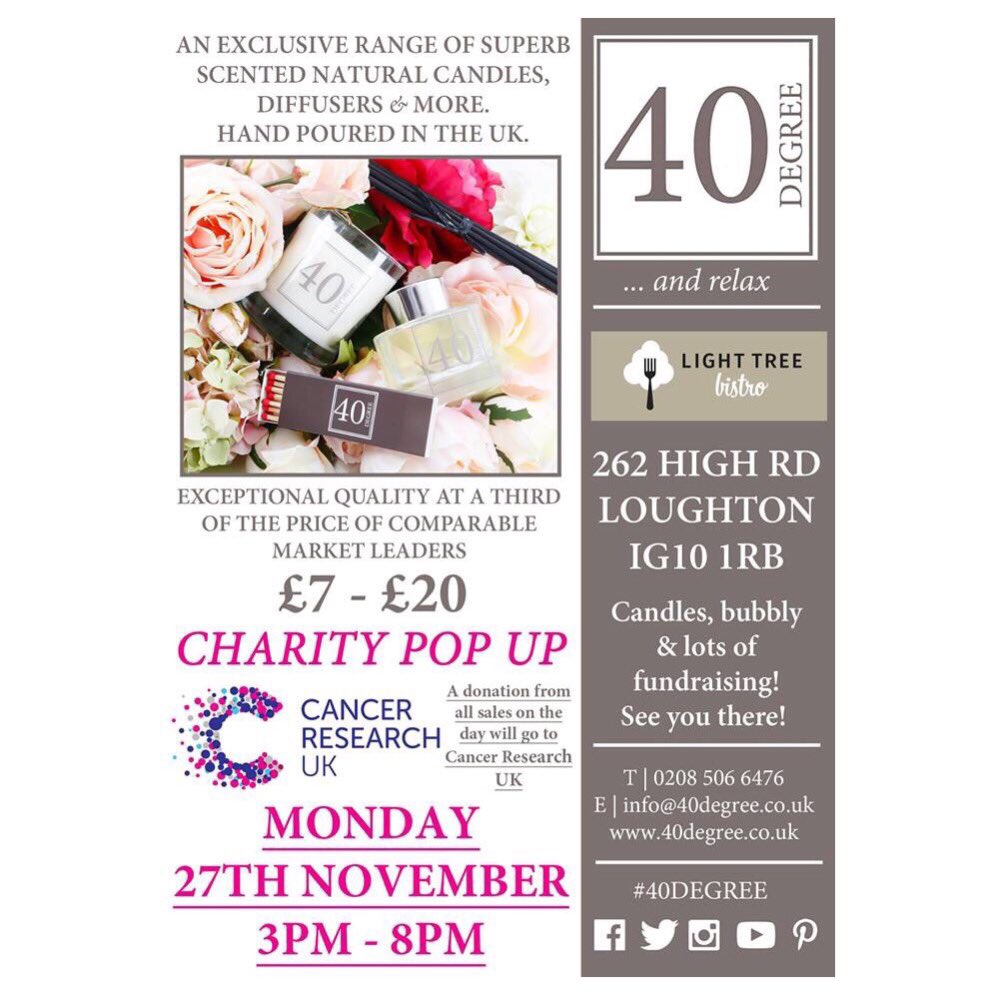 Today 
3pm-8pm
Join us <a href="/lighttreebistro/">Light Tree Bistro</a> for our Christmas pop up shop! 
#40DEGREE #andrelax #loughton #essex #christmasshopping #candles