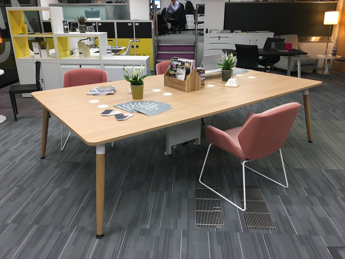 Our Additions 2 #Table with #wooden legs featured with @Boss_Design Kruze chair in the London showroom. #OfficeFurniture #BoardroomTable #MeetingTable #InteriorDesign #OfficeDesign